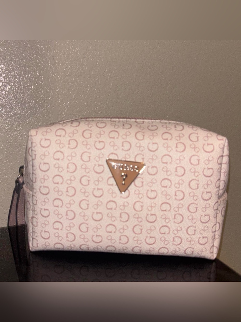 Guess Pink Logo-Print Cosmetic Pouch with Triangle Emblem